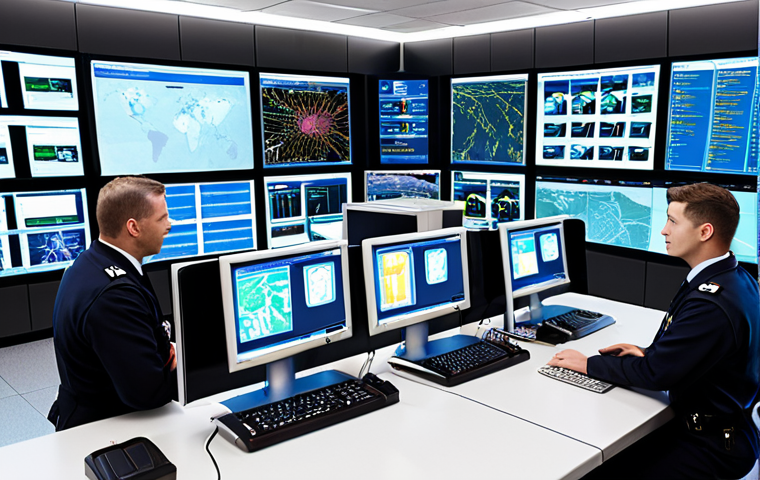 **

Prompt: Airport security control room, multiple screens displaying real-time data, AI analysis, biometric scans, diverse team of security personnel collaborating, focused and alert, modern technology, bright and professional atmosphere, emphasis on information sharing and coordinated response, dynamic angle.

**