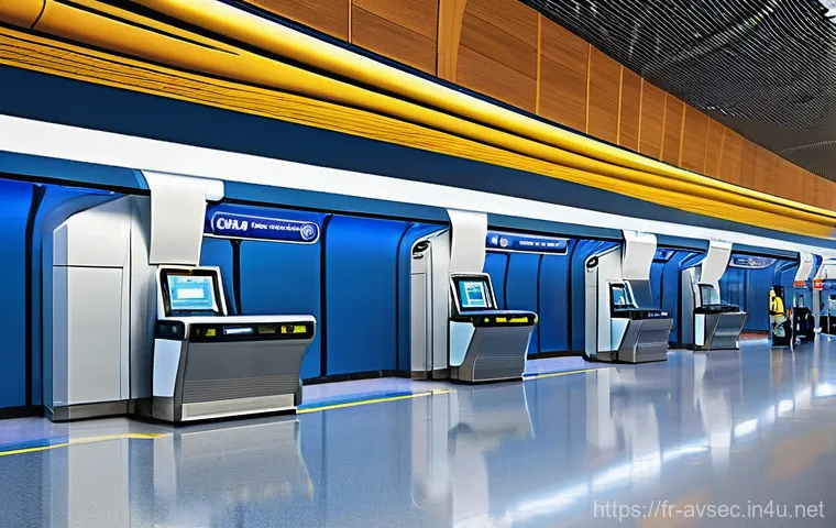 항공보안관리사와 항공보안 체계 이해 - **Prompt 2: Seamless Biometric Passenger Flow**
    A bright, futuristic airport terminal interior w...