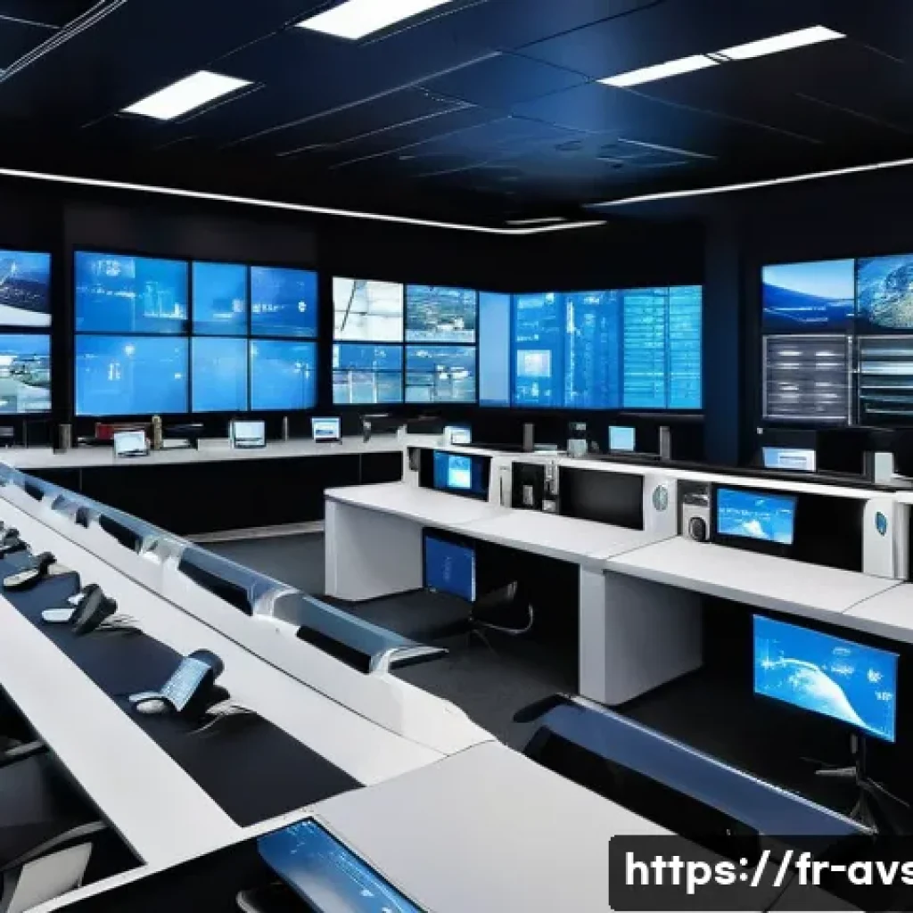 항공보안관리사 교육 프로그램 소개 - A modern airport security control room bustling with diverse security personnel wearing uniforms and...