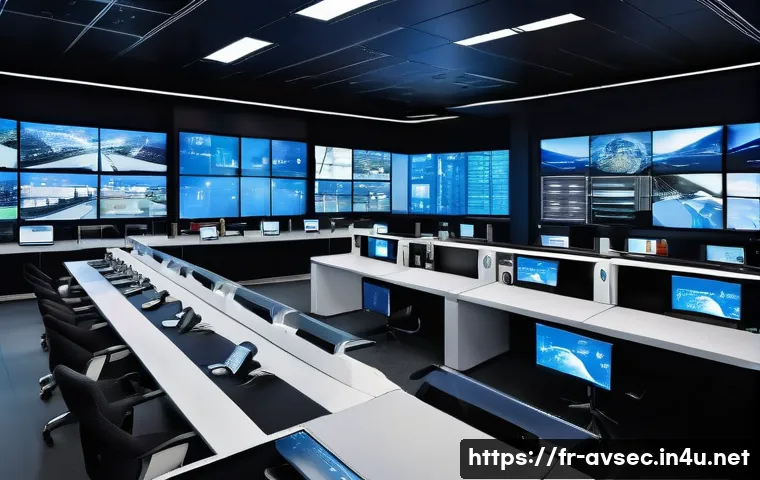 항공보안관리사 교육 프로그램 소개 - A modern airport security control room bustling with diverse security personnel wearing uniforms and...