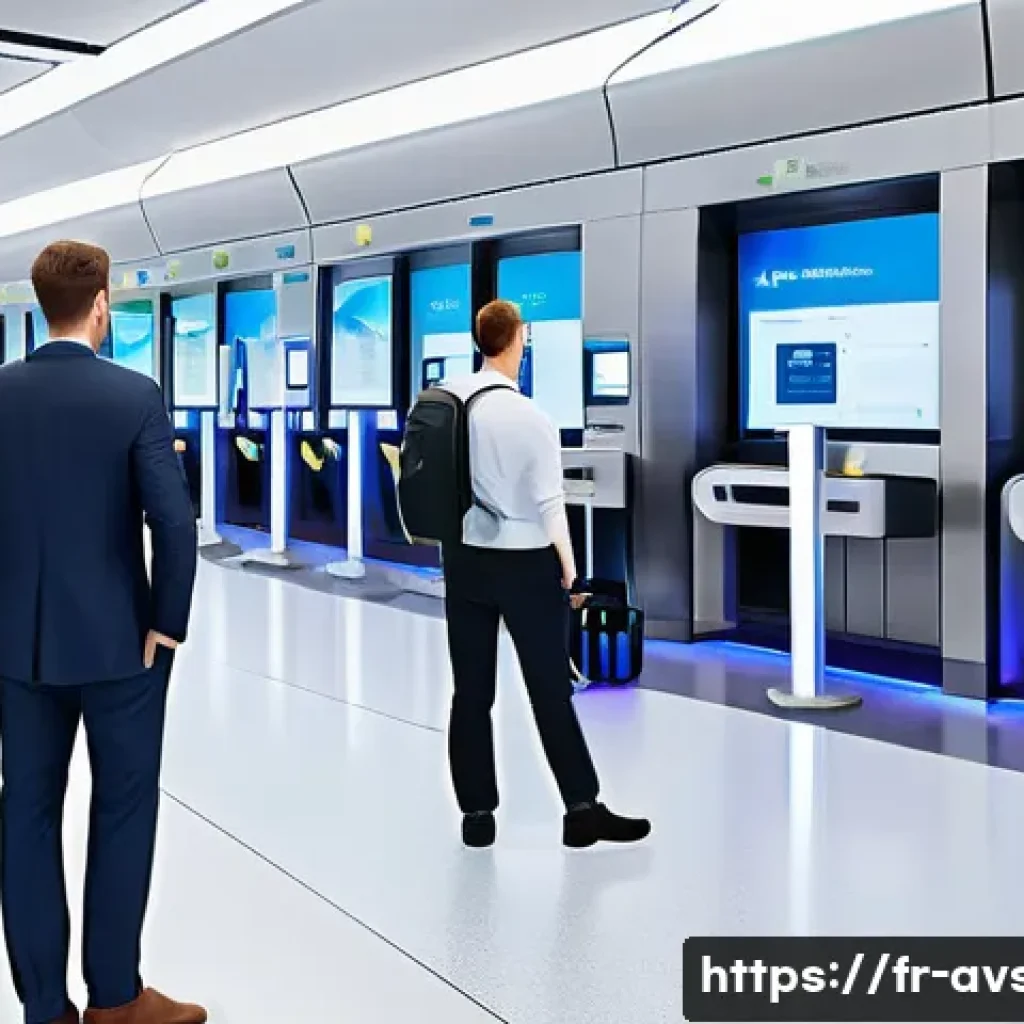항공보안관리사 관련 뉴스 및 트렌드 - A futuristic European airport security checkpoint scene featuring advanced biometric technology: pas...