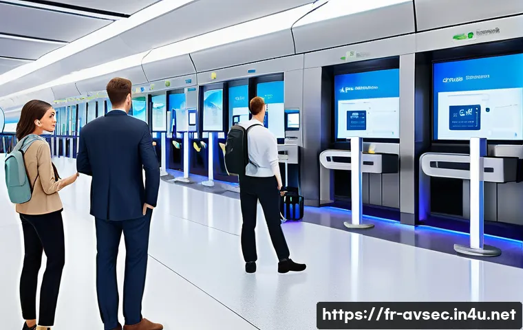 항공보안관리사 관련 뉴스 및 트렌드 - A futuristic European airport security checkpoint scene featuring advanced biometric technology: pas...