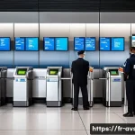 항공보안관리사 업무 스트레스 관리 - A professional airport security checkpoint scene during peak hours, showing a diverse group of passe...
