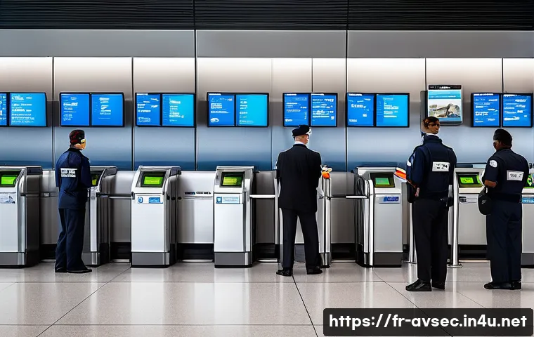 항공보안관리사 업무 스트레스 관리 - A professional airport security checkpoint scene during peak hours, showing a diverse group of passe...