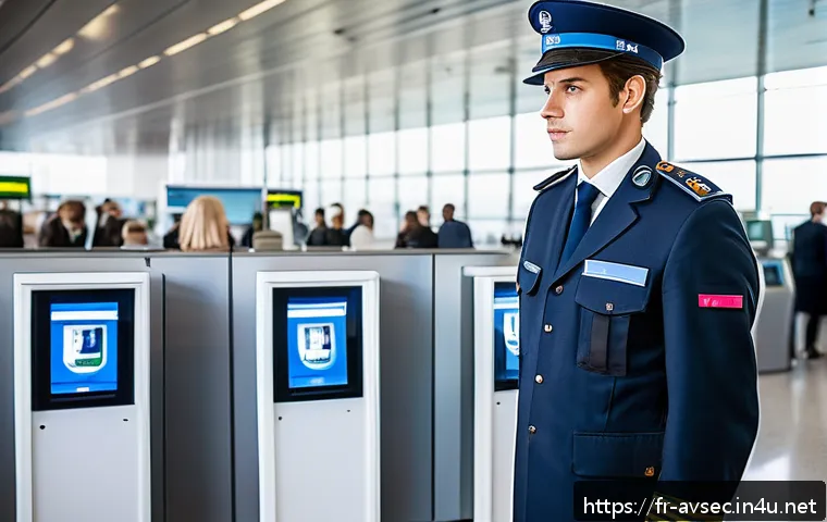 항공보안관리사 취업에 유리한 자격증 - A professional airport security officer operating advanced biometric access control systems and RFID...