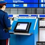 항공보안관리사 자격증으로 가는 첫걸음 - A modern European airport security checkpoint scene, featuring a professional airport security offic...