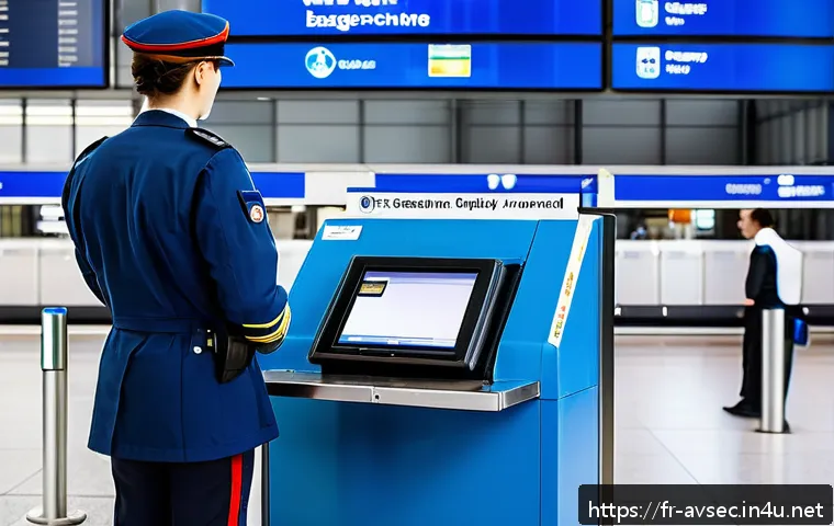 항공보안관리사 자격증으로 가는 첫걸음 - A modern European airport security checkpoint scene, featuring a professional airport security offic...