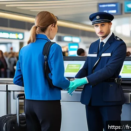 항공보안관리사 자격시험 합격 후기 - A detailed airport security checkpoint scene focused on a professional security agent wearing a unif...
