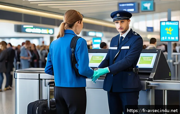 항공보안관리사 자격시험 합격 후기 - A detailed airport security checkpoint scene focused on a professional security agent wearing a unif...