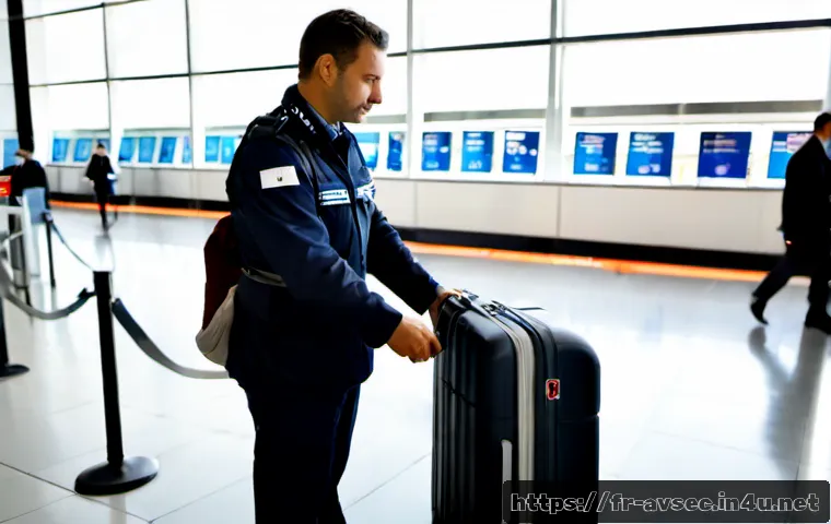 Home 17 항공보안관리사 자격증 해외 활용 사례 - Photorealistic French aviation security professional in a modern European airport departure hall, ca...